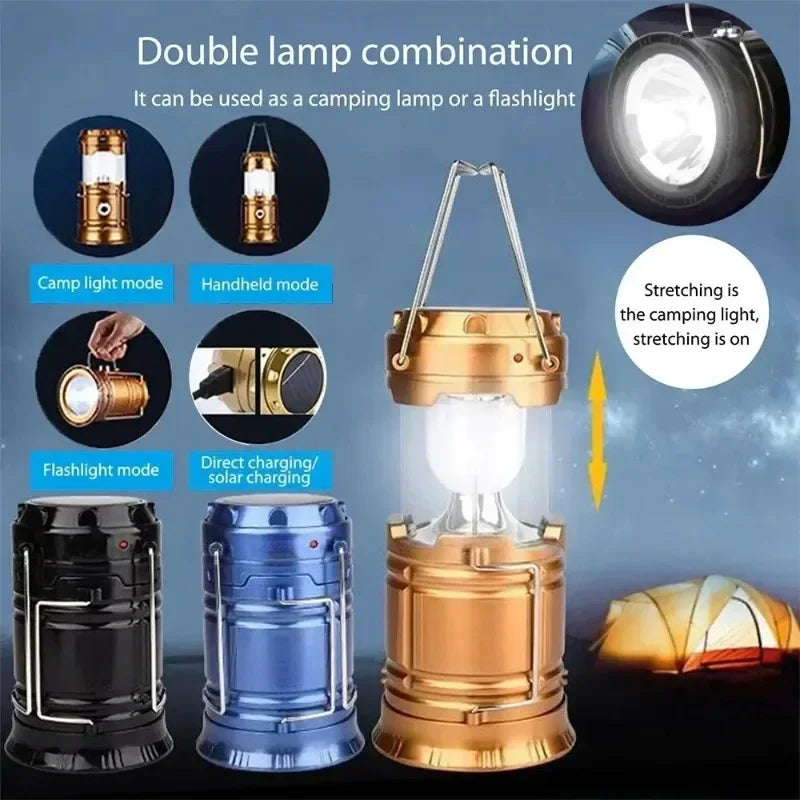 Solar LED Camping Lantern Powered Outdoor Camp Tent Lamp USB Rechargeable Collapsible Telescopic Emergency Light Hang Lamp