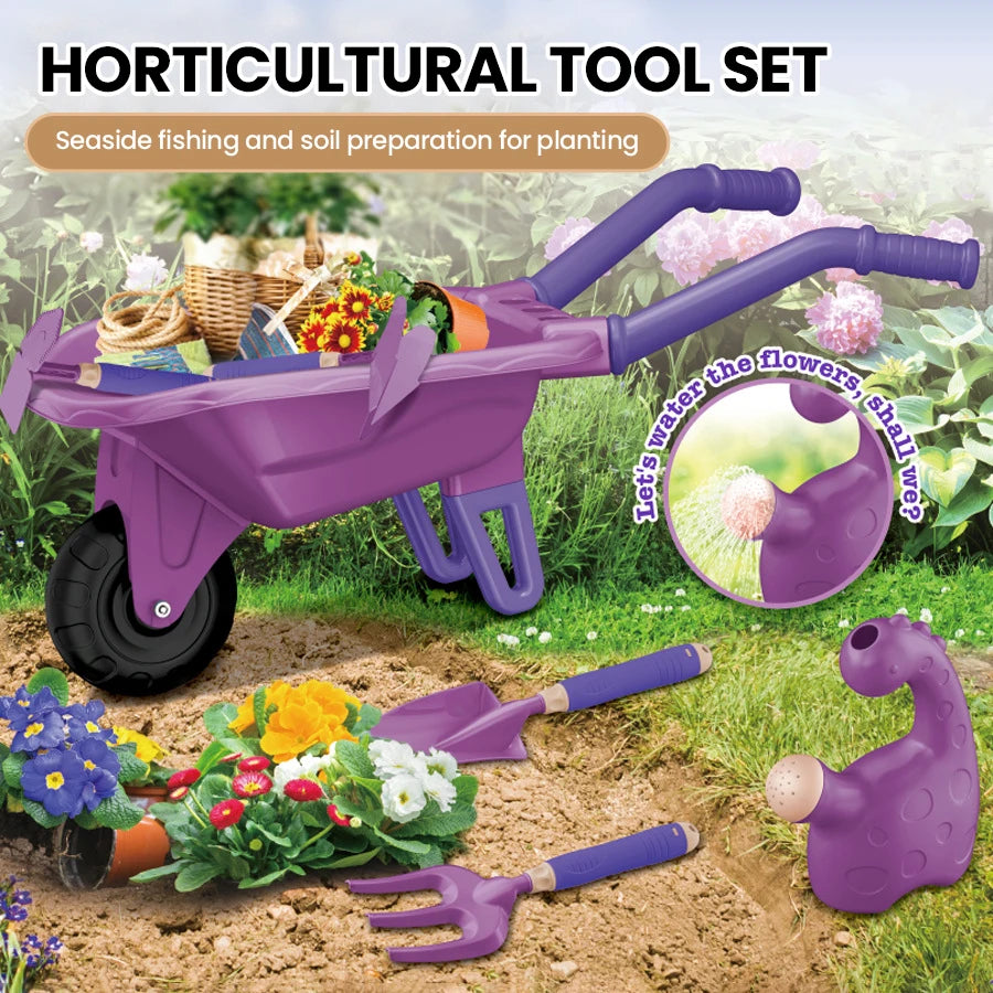 Kids Gardening Tool Playset Little Gardener Outdoor Toy with Wheelbarrow, Watering Can and Shovel for Pretend Play and Beach Fun