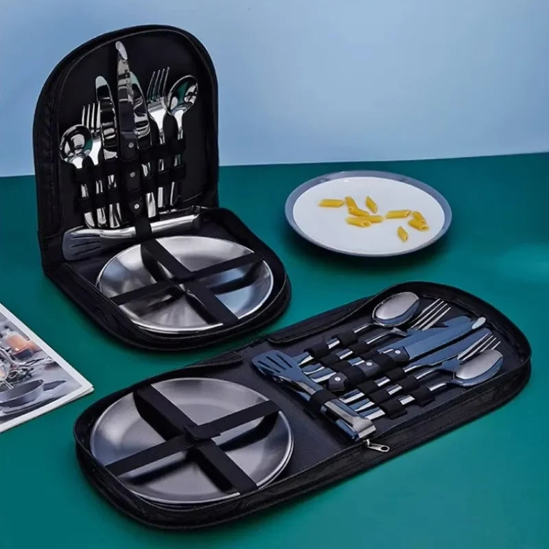 Multi-purpose 2 Person Utensil Picnic Set with Plate Spoon Knife Fork Outdoor Picnic Tableware Camping Dinnerware Set