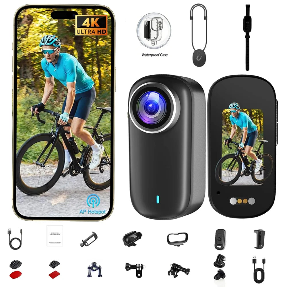 4K Action Camera IP65 Waterproof Mini Body Cam with Long Battery Life Action Cam for Motorcycle Cycling for Vlogging Travel Work