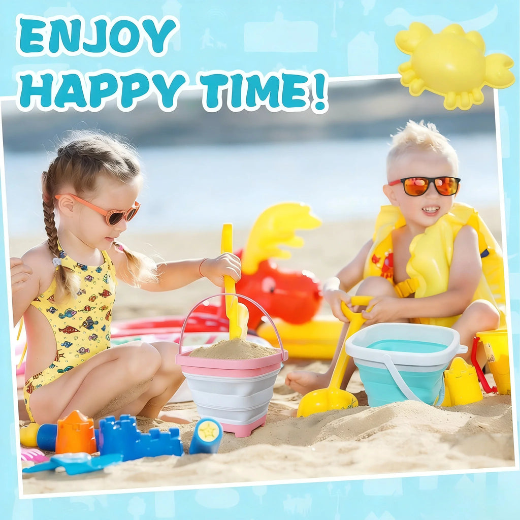 Beach Toy Set for Kids, Collapsible Silicone Bucket and Shovels Set with Sand Molds, Beach Essentials for Outdoor Play Summer