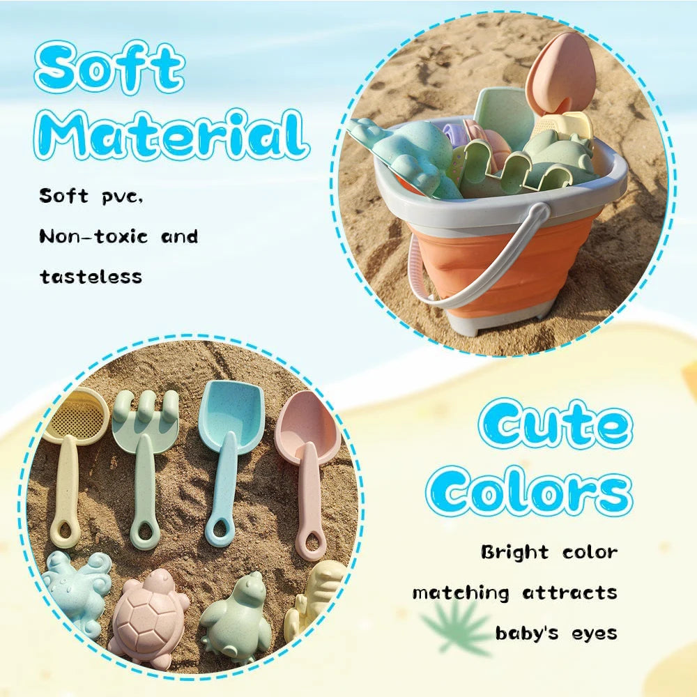 Beach Toy Set for Kids, Collapsible Silicone Bucket and Shovels Set with Sand Molds, Beach Essentials for Outdoor Play Summer