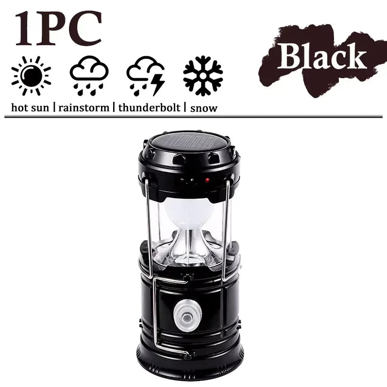 Solar LED Camping Lantern Powered Outdoor Camp Tent Lamp USB Rechargeable Collapsible Telescopic Emergency Light Hang Lamp