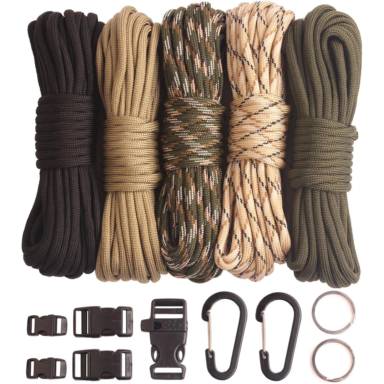 650 Paracord Combo Survival Bracelet Keychain Crafting Kits with 5 Types Buckles 5m Each Parachute Rope Outdoor DIY Making