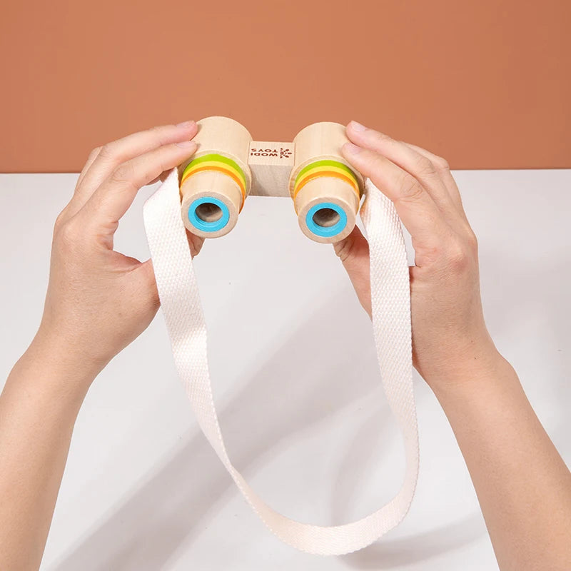 Children's wooden portable mini binoculars lanyard magnifying glass outdoor observation scientific toy