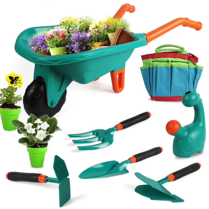 Kids Gardening Tool Playset Little Gardener Outdoor Toy with Wheelbarrow, Watering Can and Shovel for Pretend Play and Beach Fun