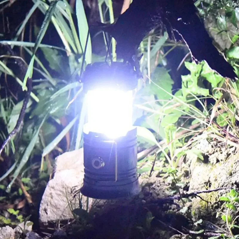 Solar LED Camping Lantern Powered Outdoor Camp Tent Lamp USB Rechargeable Collapsible Telescopic Emergency Light Hang Lamp