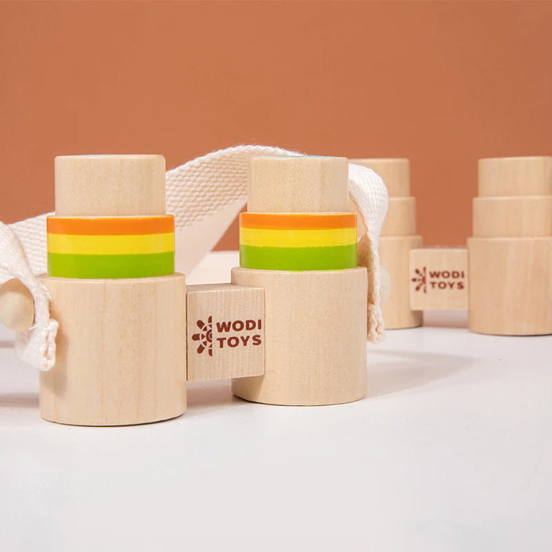 Children's wooden portable mini binoculars lanyard magnifying glass outdoor observation scientific toy