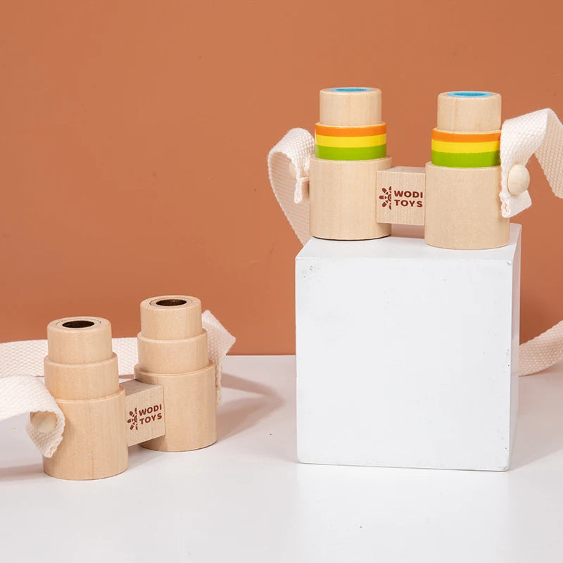 Children's wooden portable mini binoculars lanyard magnifying glass outdoor observation scientific toy