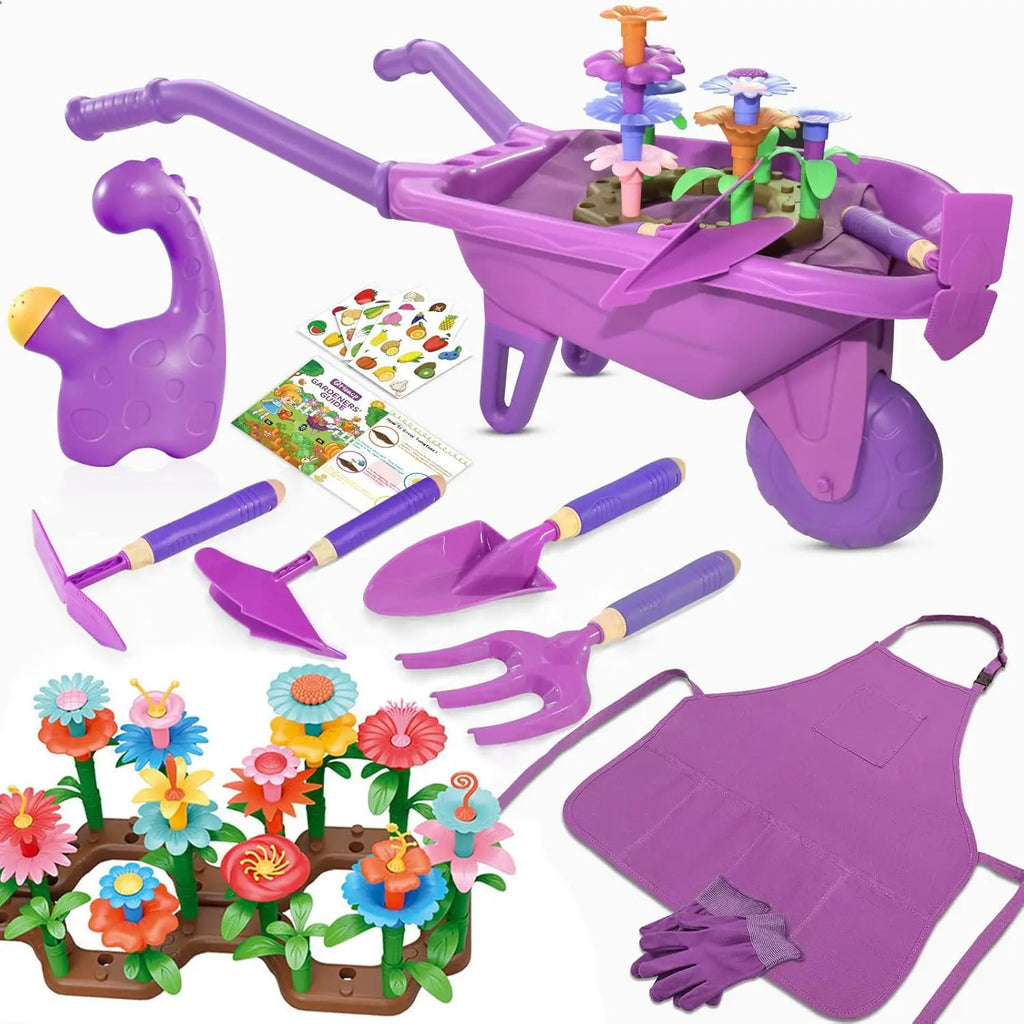 Kids Gardening Tool Playset Little Gardener Outdoor Toy with Wheelbarrow, Watering Can and Shovel for Pretend Play and Beach Fun