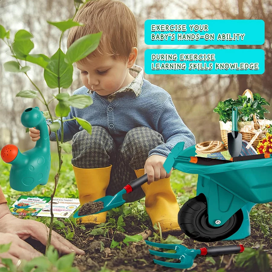 Kids Gardening Tool Playset Little Gardener Outdoor Toy with Wheelbarrow, Watering Can and Shovel for Pretend Play and Beach Fun