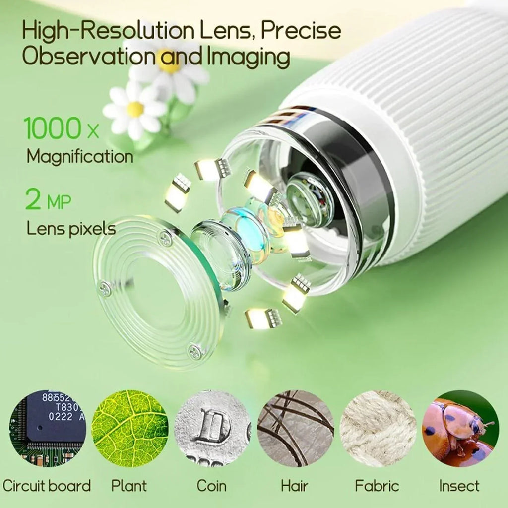 Portable 1000X HD Magnifying Glass with IPS Screen Adjustable LED Lights Real Time Imaging Tool for Kids and Adults