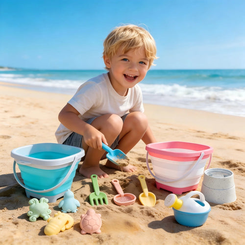 Beach Toy Set for Kids, Collapsible Silicone Bucket and Shovels Set with Sand Molds, Beach Essentials for Outdoor Play Summer