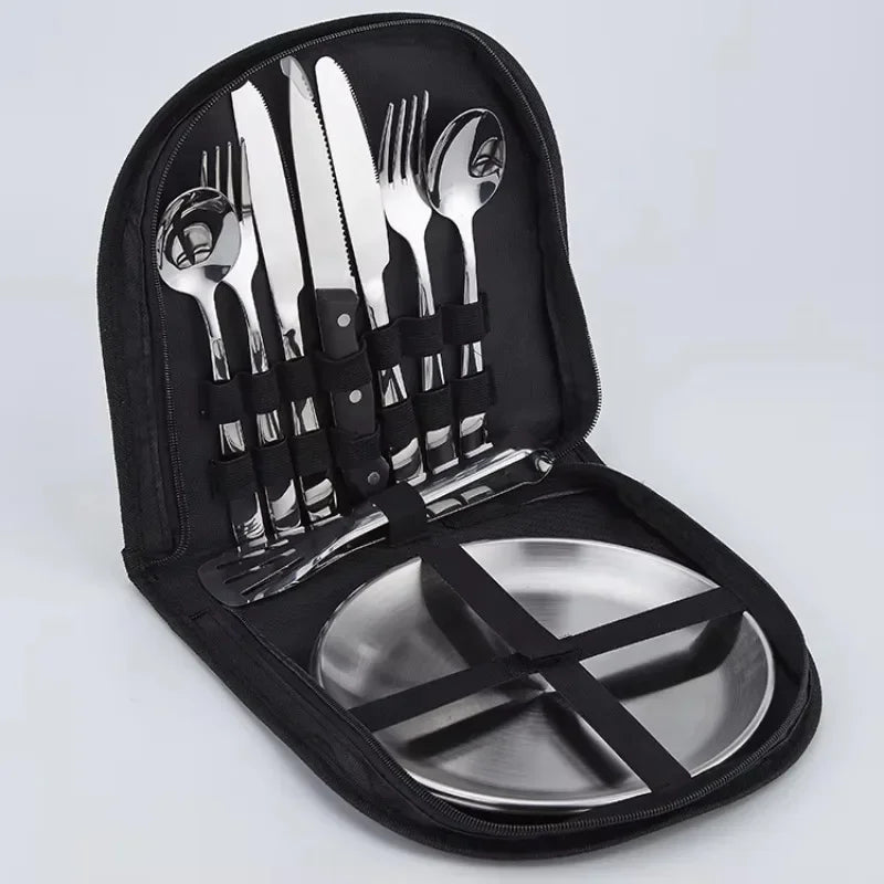 Multi-purpose 2 Person Utensil Picnic Set with Plate Spoon Knife Fork Outdoor Picnic Tableware Camping Dinnerware Set