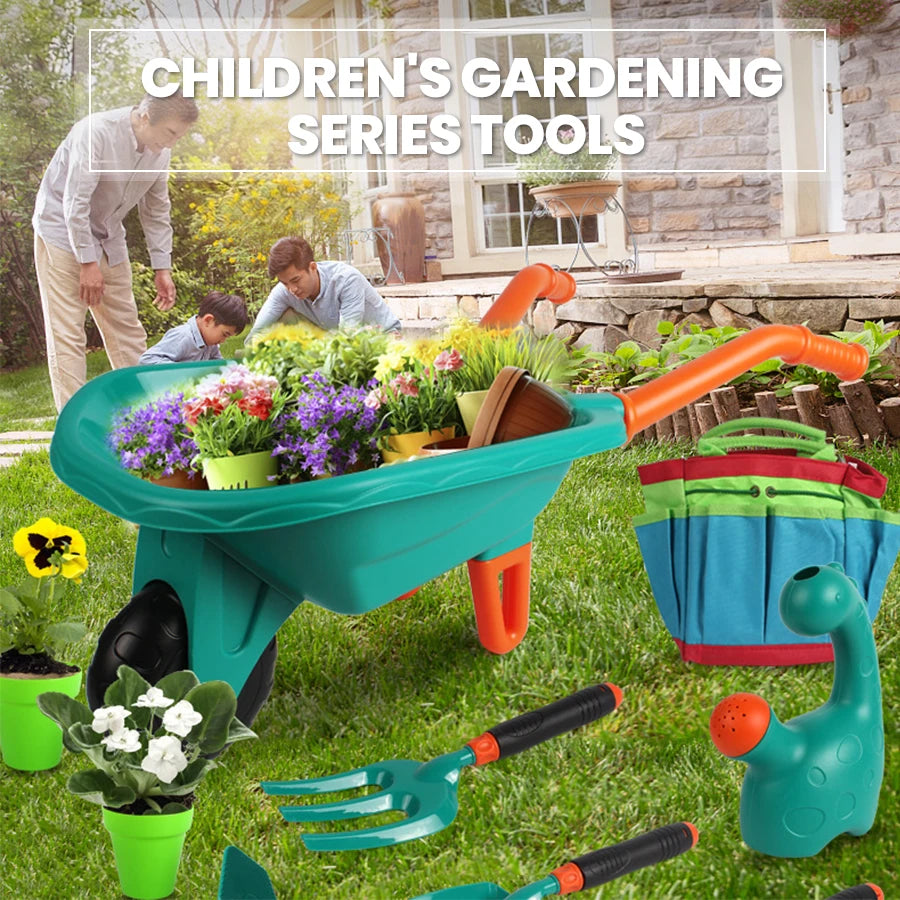 Kids Gardening Tool Playset Little Gardener Outdoor Toy with Wheelbarrow, Watering Can and Shovel for Pretend Play and Beach Fun