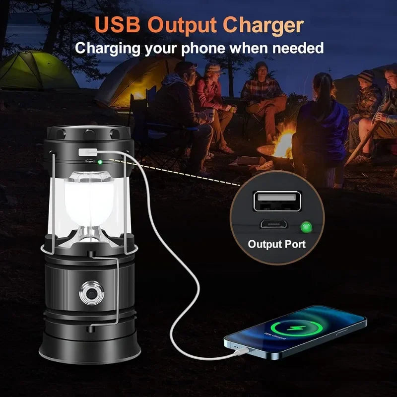 Solar LED Camping Lantern Powered Outdoor Camp Tent Lamp USB Rechargeable Collapsible Telescopic Emergency Light Hang Lamp