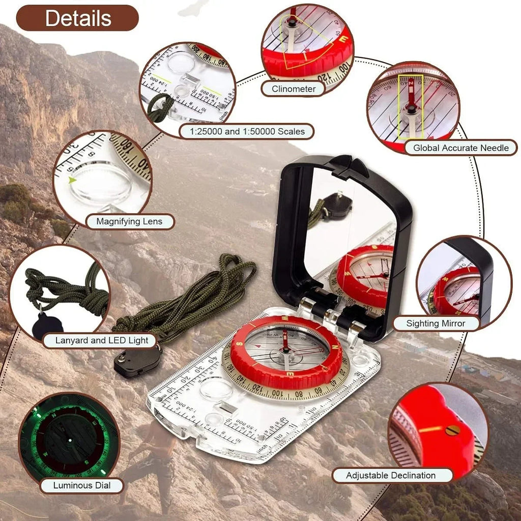MuqiNush Compass Orienteering Map Sighting Mirror with Adjustable Declination Clinometer LED light for Hiking Camping Hunting