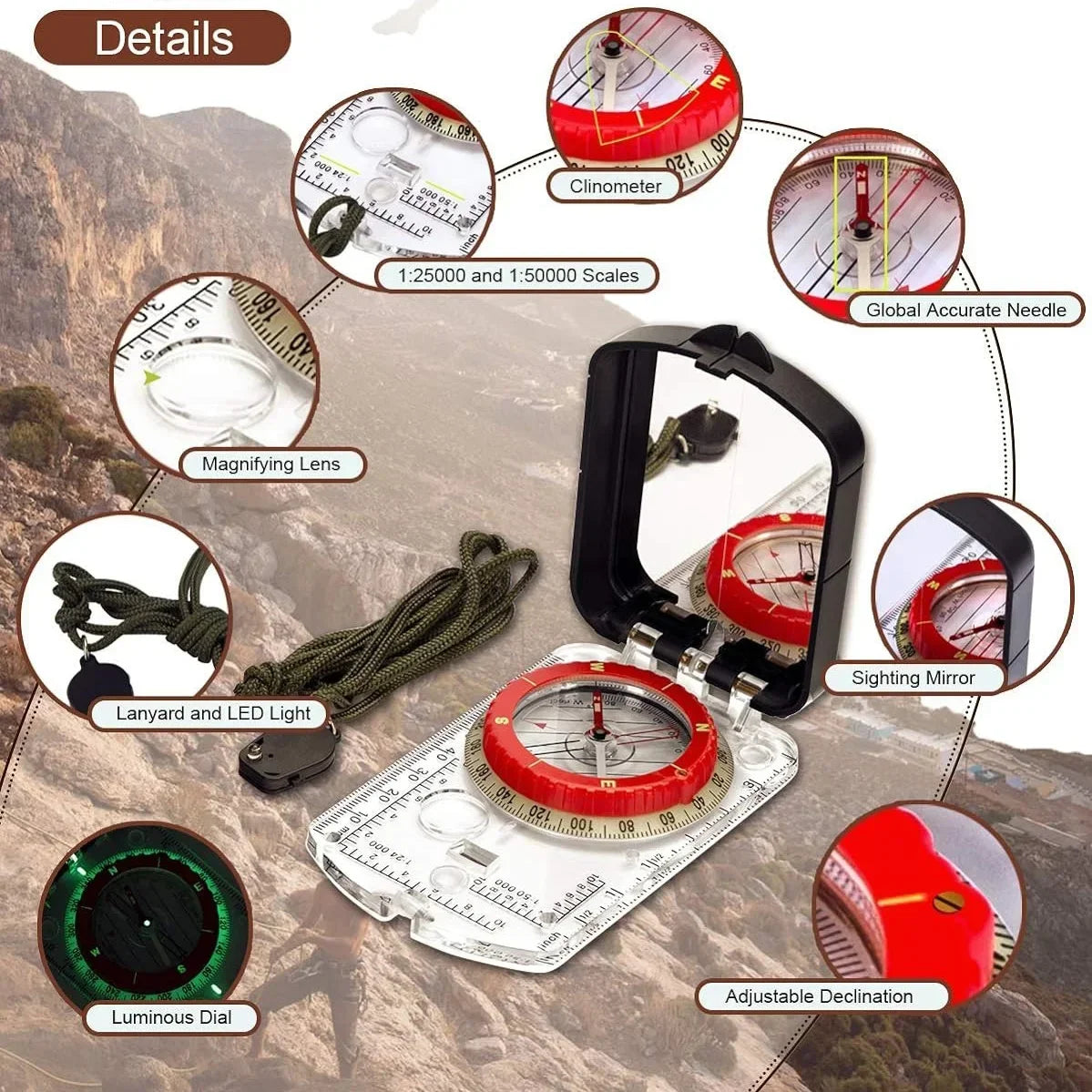 MuqiNush Compass Orienteering Map Sighting Mirror with Adjustable Declination Clinometer LED light for Hiking Camping Hunting