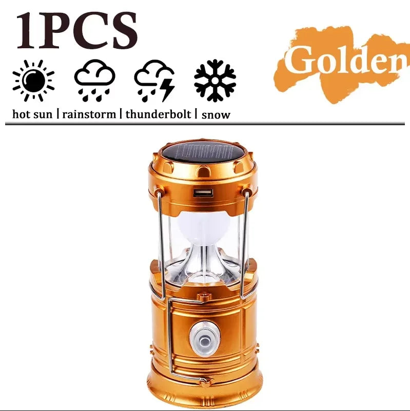 Solar LED Camping Lantern Powered Outdoor Camp Tent Lamp USB Rechargeable Collapsible Telescopic Emergency Light Hang Lamp